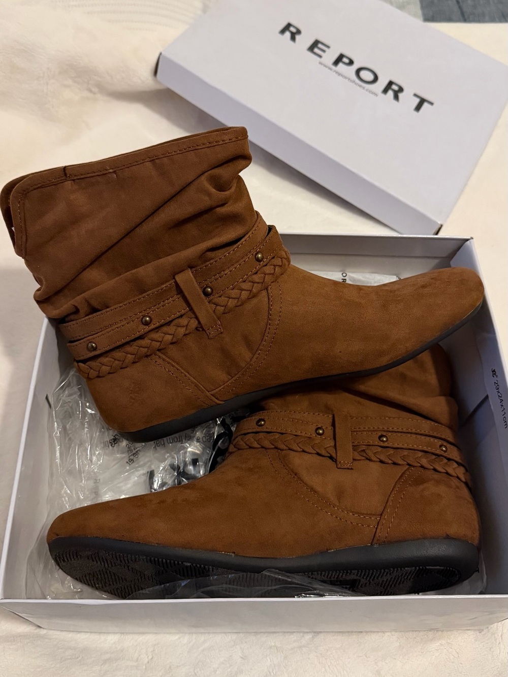 Report Footwear Elson Dark Tan Faux Suede Slouch Ankle Booties – Women’s Size 9